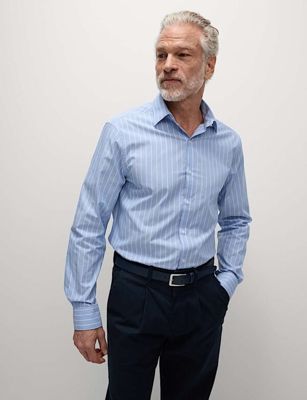 Easy Iron Pure Cotton Striped Shirt Blue mix